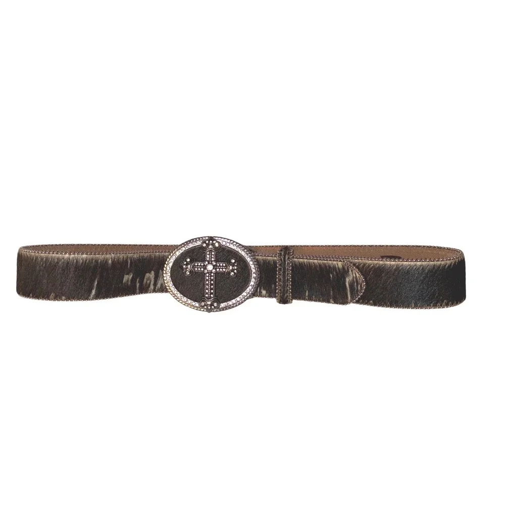 Women's M Brown Genuine Leather Belt Studded Rhinestone Cross Buckle Western